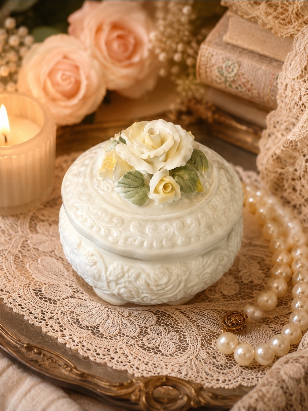 Romantic Cottagecore Rose Trinket Box Shabby Chic Vanity Decor